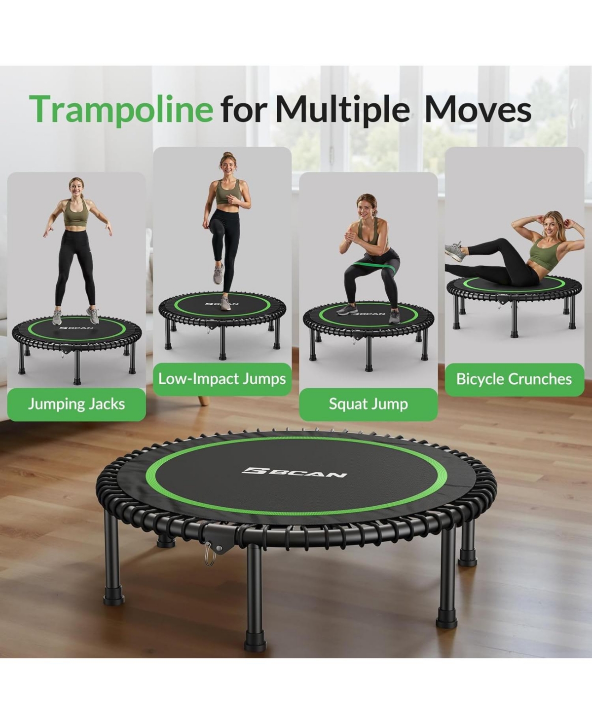 Bcan 450/550LBS Foldable Mini Trampoline for Adults, 40/48 inches Fitness Rebounder with Bungees