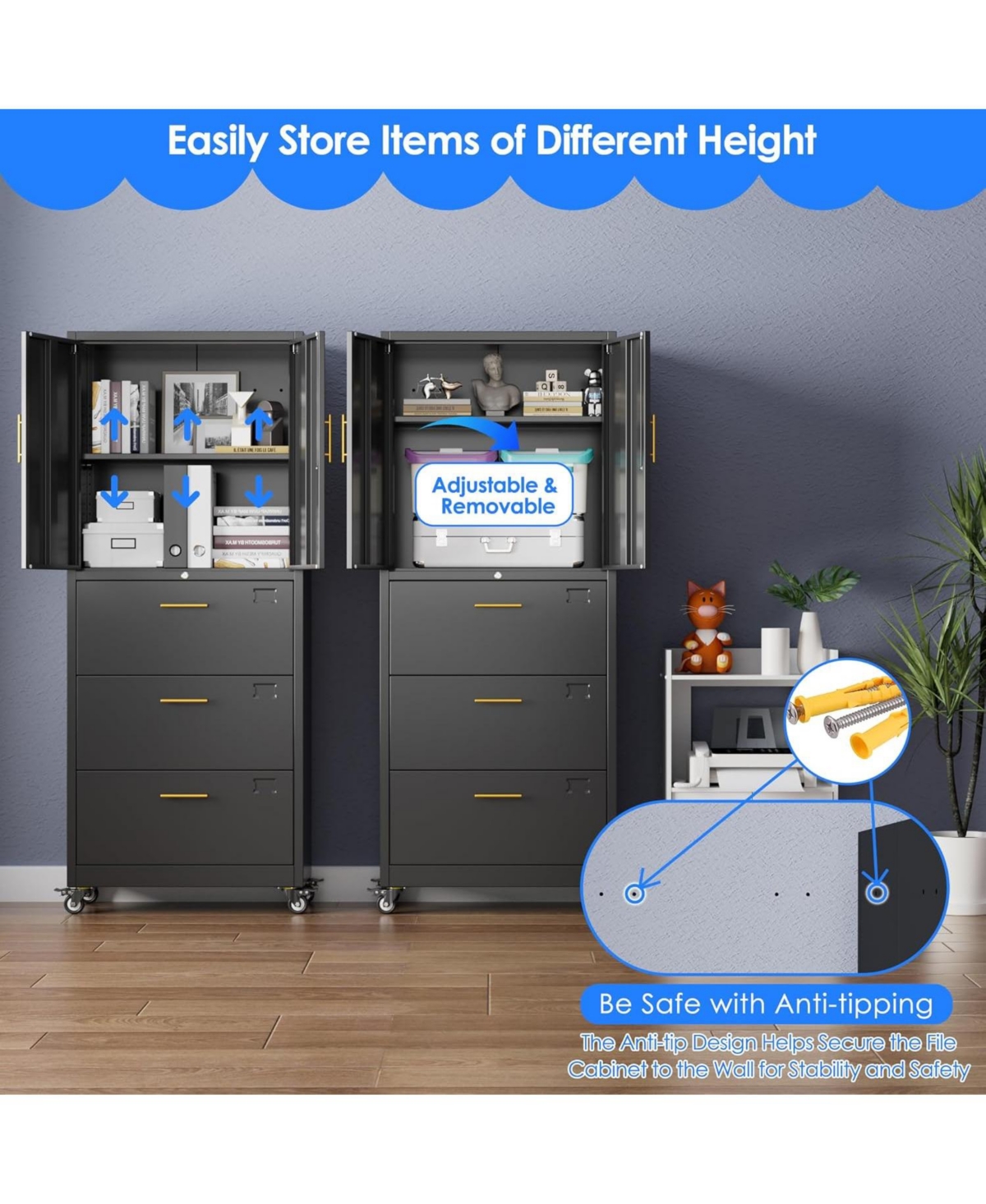 Boyel Living Metal File Cabinet with 3 Drawers and Shelf, Lockable Rolling Office Storage Organizer for Letter/A4 Size