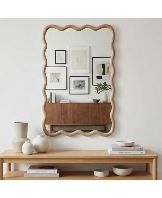 Wood Wall Mirror, Wavy Rectangle Bathroom Vanity Mirror for Entryway and Bedroom