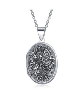 Oval Photo Keepsake Locket Necklace Floral Sunflower Embossed Design Oxidized .925 Sterling Silver