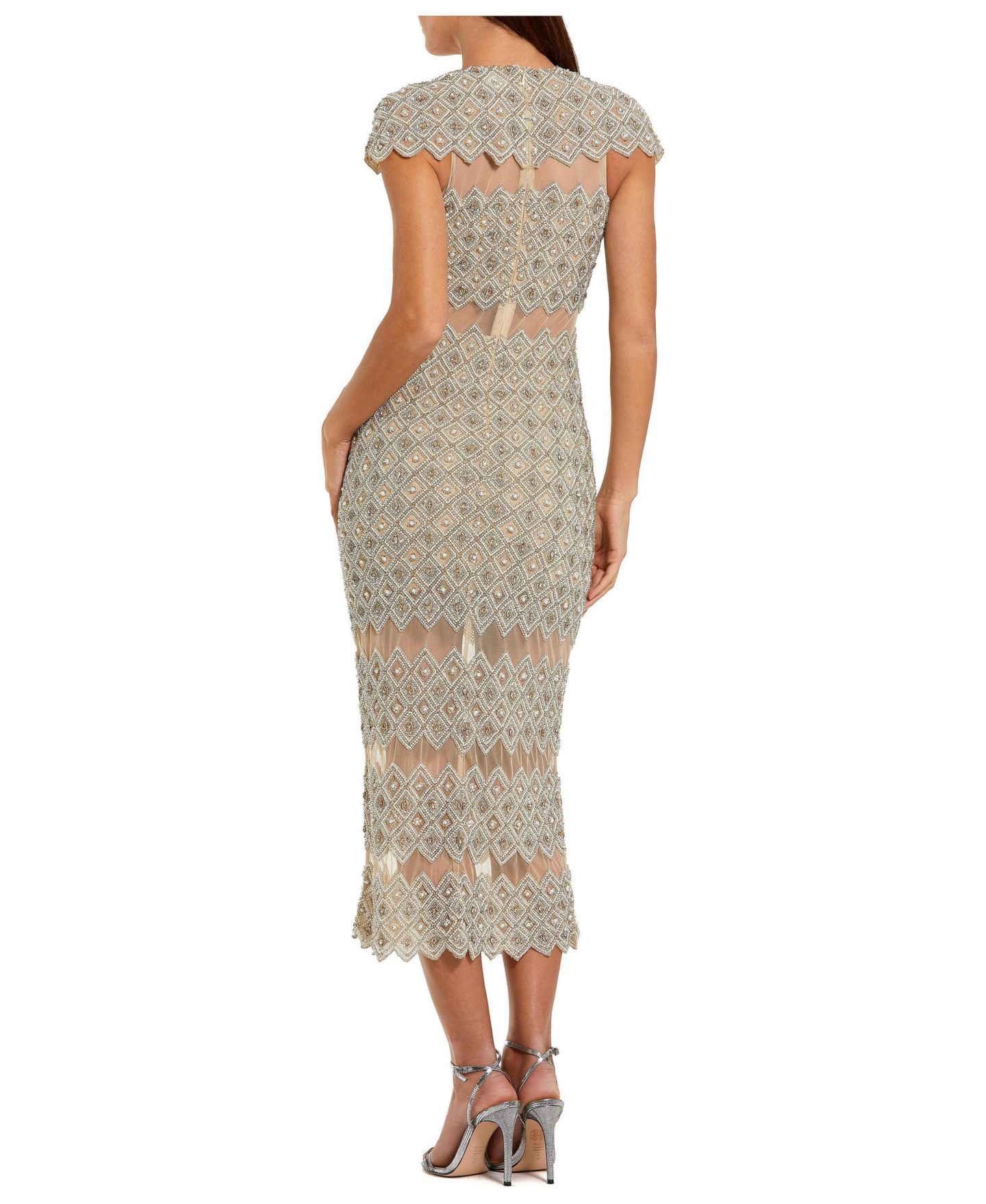 Женское платье Mac Duggal Beaded Mesh Sheath Midi with Sheer Panels, цвет: Слоновая кость телесный — фото 2