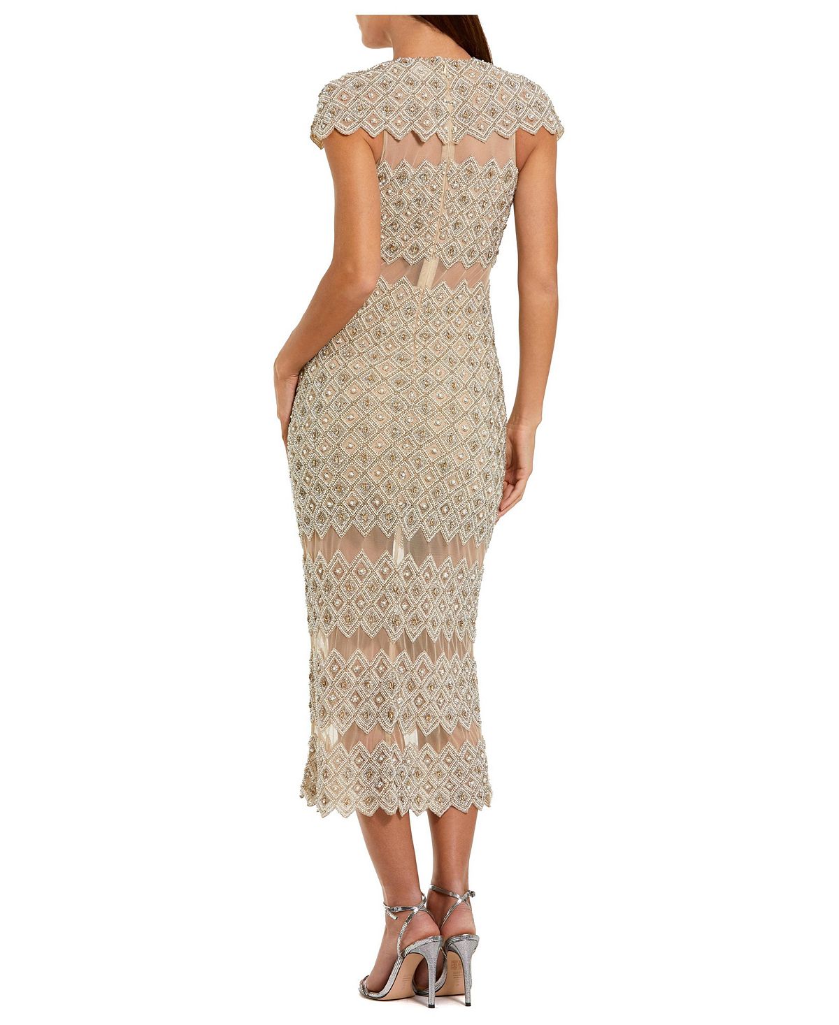 Mac Duggal Women's Beaded Mesh Sheath Midi Dress with Sheer Panels view 2 — MAYCSS fashion products