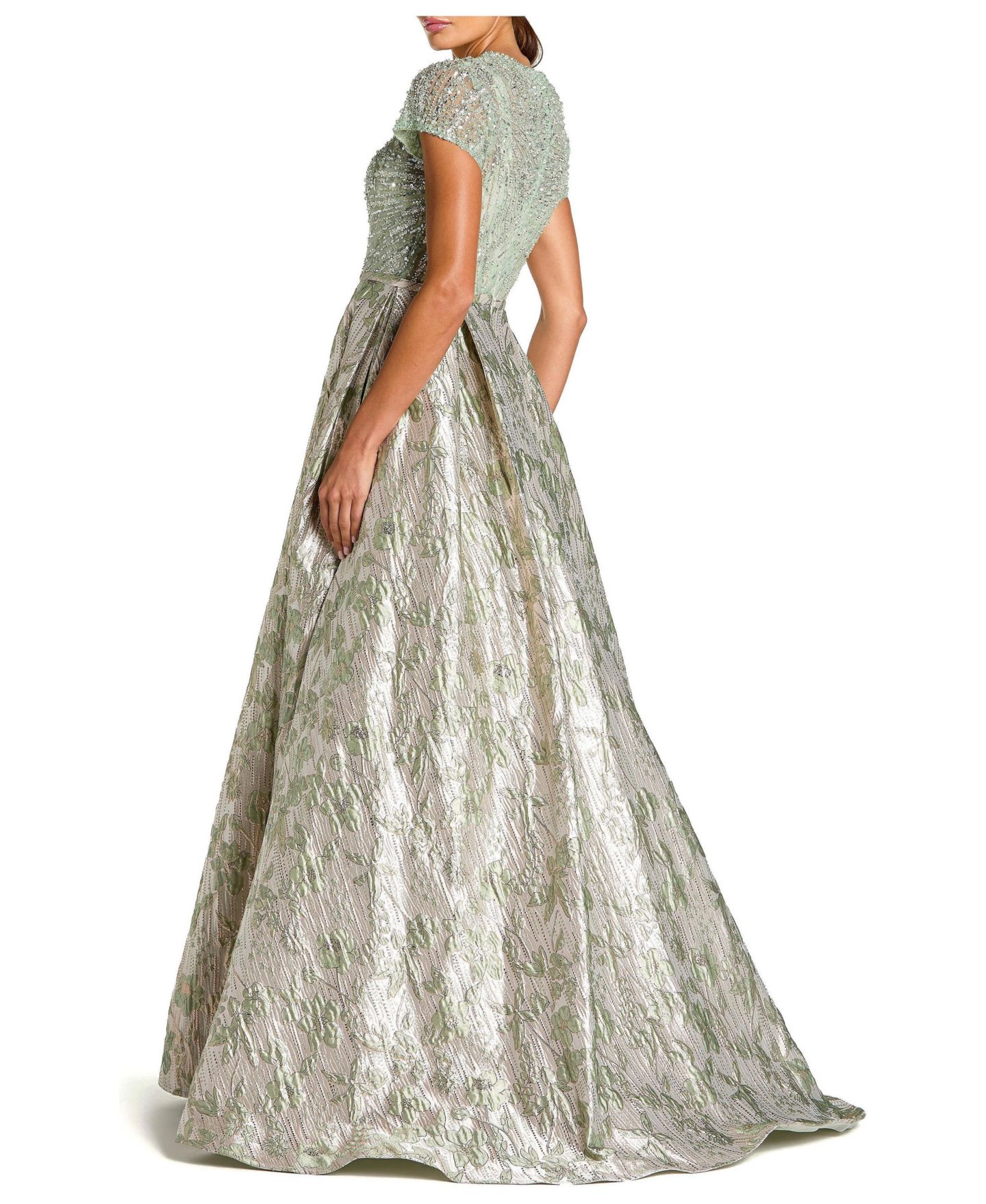 Женские платья Mac Duggal Beaded Cap Sleeve Ball Gown with Metallic Brocade Skirt, цвет: Шалфейный — фото 2