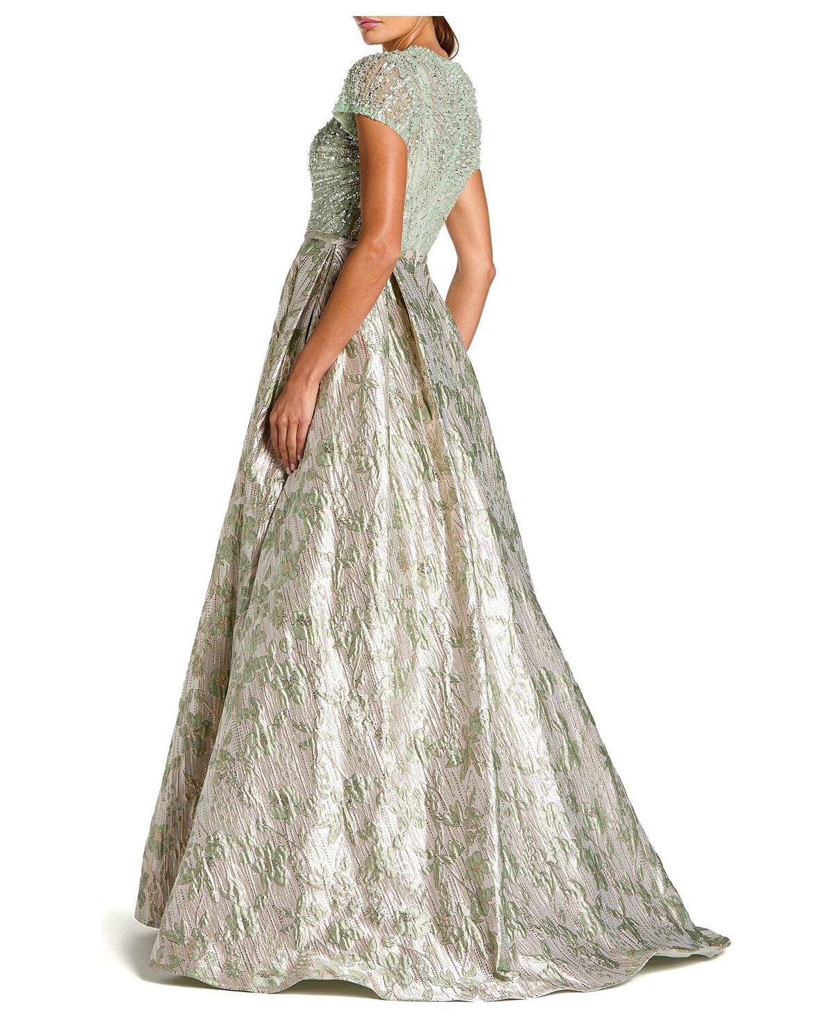 Mac Duggal Women's Beaded Cap Sleeve Ball Gown with Metallic Brocade Skirt view 2 — MAYCSS fashion products