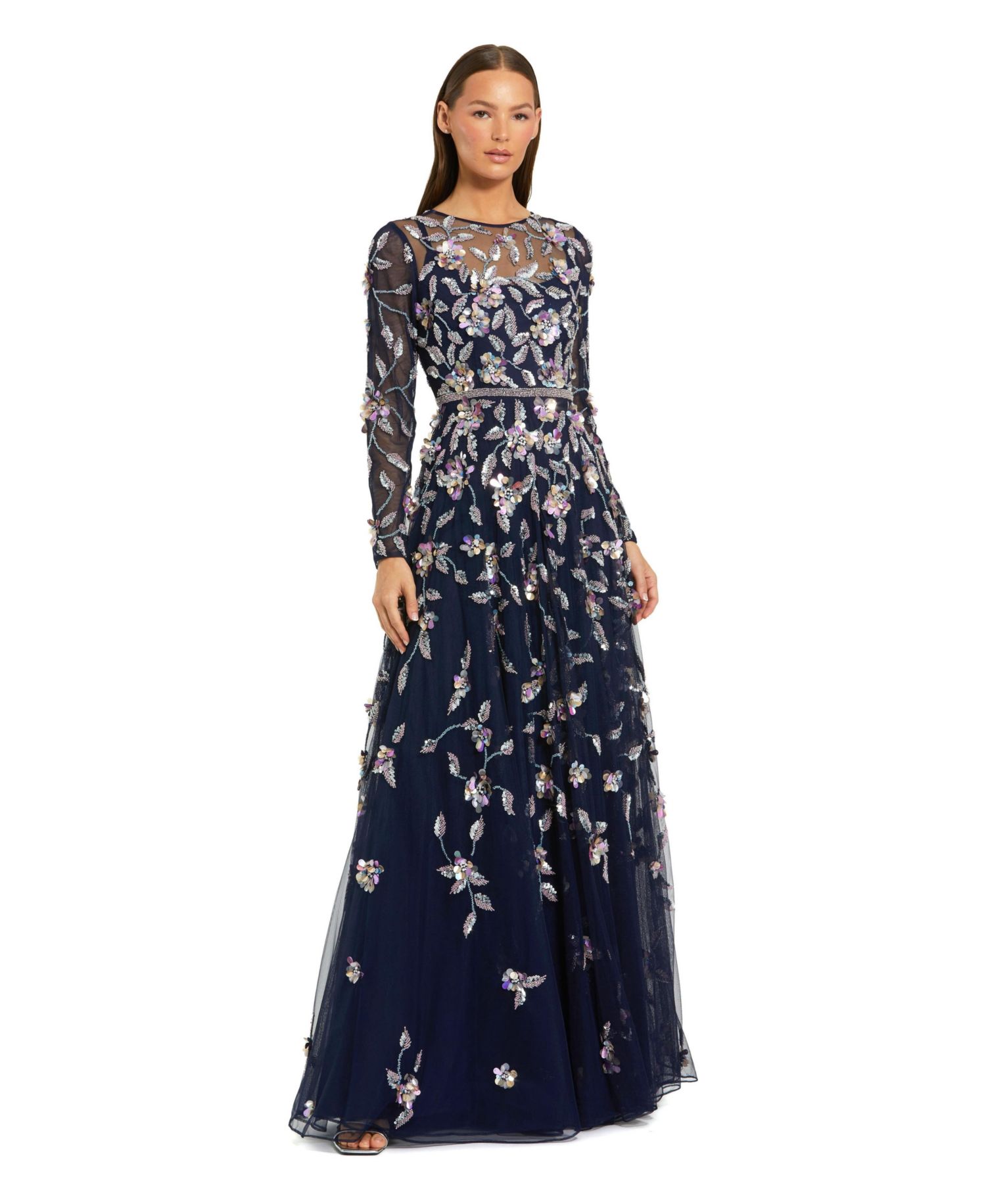 Petite Long Sleeve Mesh Gown with Beaded Floral Applique