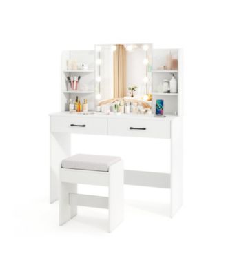 Makeup Vanity Table with LED Mirror and Charging Station