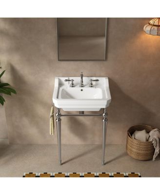 Bathroom Console Sink with White Ceramic Vanity, Wall Mounted Basin and Stainless Steel Legs, Towel Bar Included