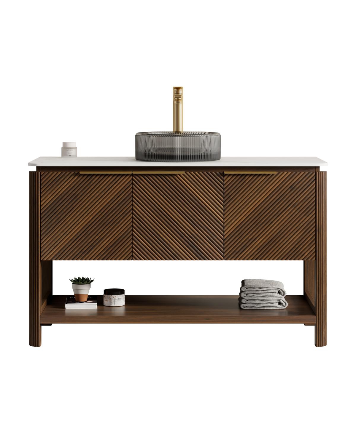 Sillysis Modern Bathroom Vanity with Vessel Sink, Sintered Stone Countertop, Soft Close Solid Wood 3D Doors