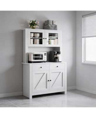 Modern Farmhouse Pantry Cabinet, Engineered Wood Storage Organizer with Adjustable Shelves and Anti-Tip Design, Tempered Glass Door