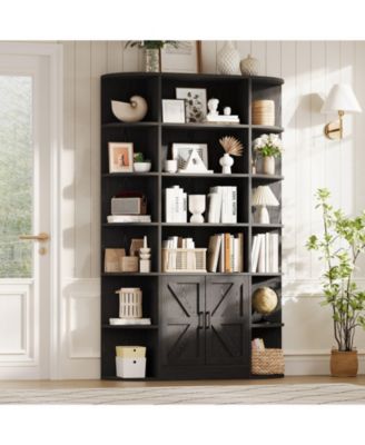 Furniture 6-Tier Wooden Storage Bookcase with Cabinet and Doors, Modern 75 Inch Tall Display Organizer for Activity Room, Living Room and Home