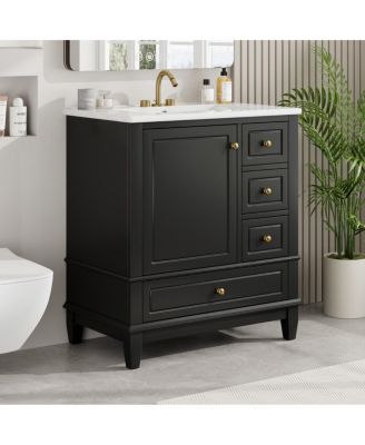 30" Freestanding Vanity With Ceramic Sink, 1 Soft-Close Door With Shelf, 3 Drawers With Knobs