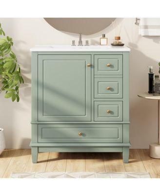30" Freestanding Vanity With Ceramic Sink, 1 Soft-Close Door With Shelf, 3 Drawers With Knobs