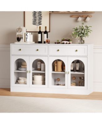 55 Inch Farmhouse Wooden Sideboard Buffet, Storage Console Table with 4 Acrylic Doors and 2 Drawers for Kitchen, Living Room and Entryway