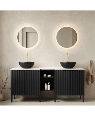 60 Inch Bathroom Vanity with Double Vessel Sinks, Sintered Stone Countertop, Soft Close Doors, Open Shelf Storage