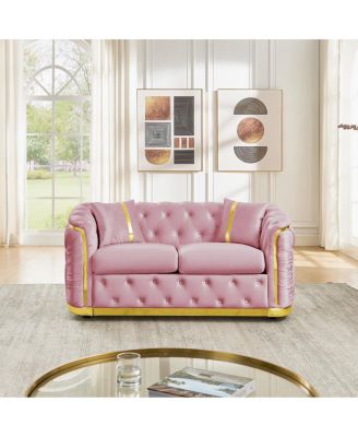 Mid-Century Modern Velvet Chesterfield Loveseat with Gold Accents