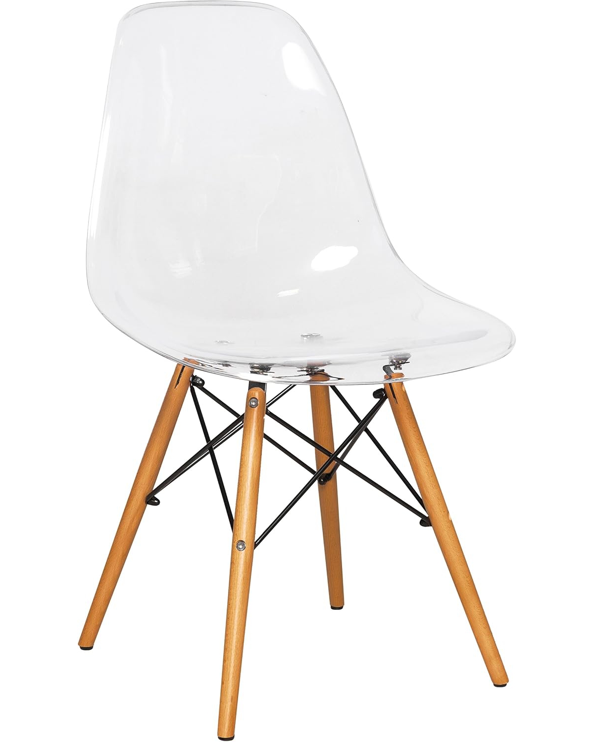 LeisureMod Cresco Modern Molded Acrylic Dining Chair with Eiffel Base and Beech Wood Dowel Legs Ergonomic Curved Seat Accent Side Chair - Clear