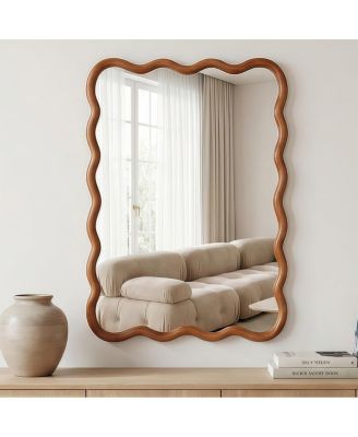 Wood Wall Mirror, Wavy Rectangle Bathroom Vanity Mirror for Entryway and Bedroom