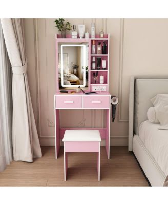 Small Makeup Vanity Desk with LED Mirror Power Outlet Storage and Stool