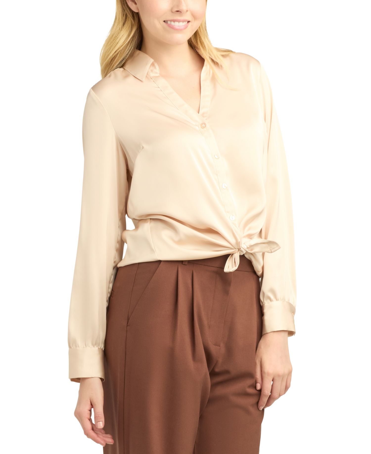 Juniors' Stretch Satin Button-Up Shirt