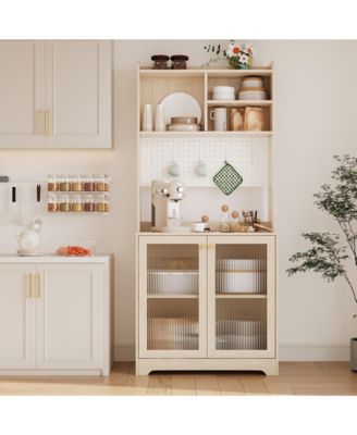 Freestanding Pantry Hutch, 6-Tier Sideboard with Glass Doors, Pegboard Panel and Open Shelves for Kitchen, Dining Room and Coffee Bar