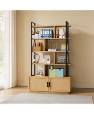 5-Tier Staggered Rattan Door Bookcase, Farmhouse Style Metal Frame Storage Cabinet with Anti-Tipping Design, Home Office Organizer