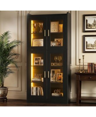 5-Tier Tall Display Bookcase with Shelves and Glass Doors and Led Lights
