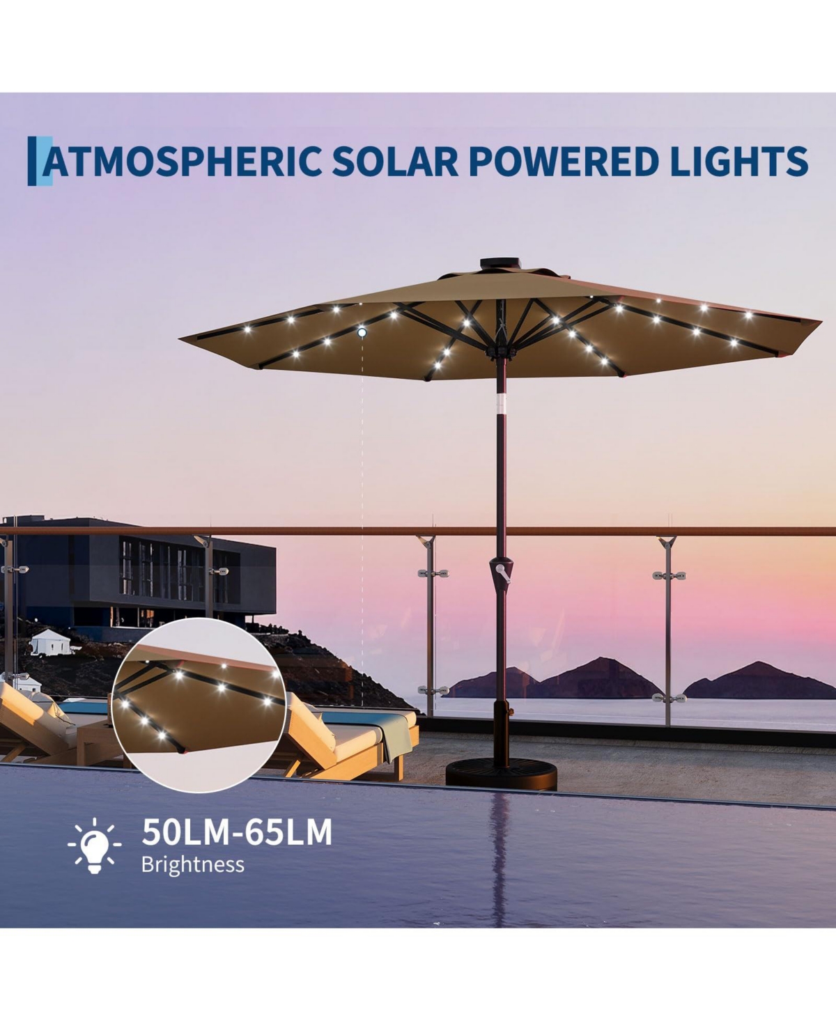 homfan 10Feet Solar Patio Umbrella, Uv Protection, Crank And Push-Button Tilt, 8 Sturdy Ribs, Easy Assembly For Patio, Garden, Pool Deck