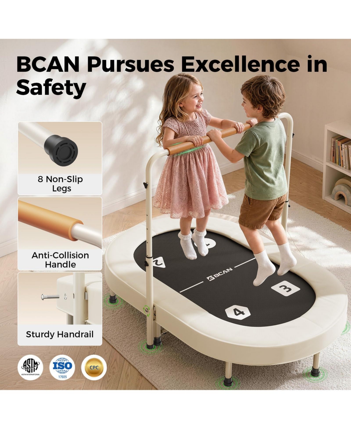 Bcan 56 Inch 2 Person Kids Trampoline Foldable Elastic Band Trampoline with Adjustable Handlebar Thickened Cover Astm Certified for 1-8 Years Old Max