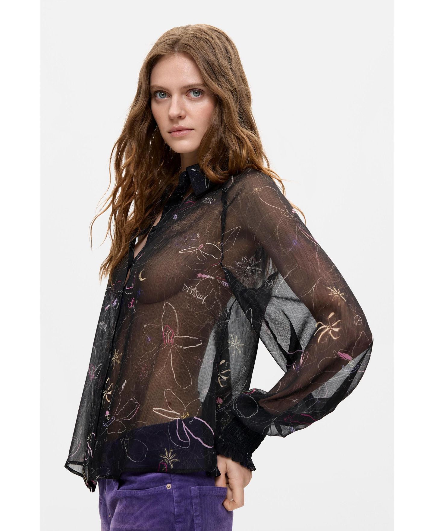 Женская блузка Desigual Sheer Floral, цвет: Чёрный — фото 4