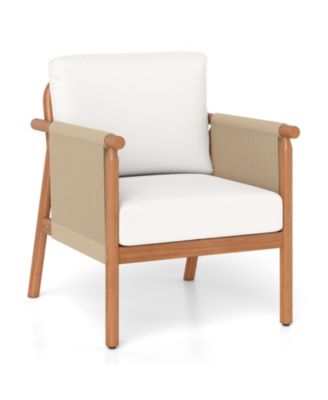 Acacia Wood Patio Chair with Woven Rope and Seat Back Cushion