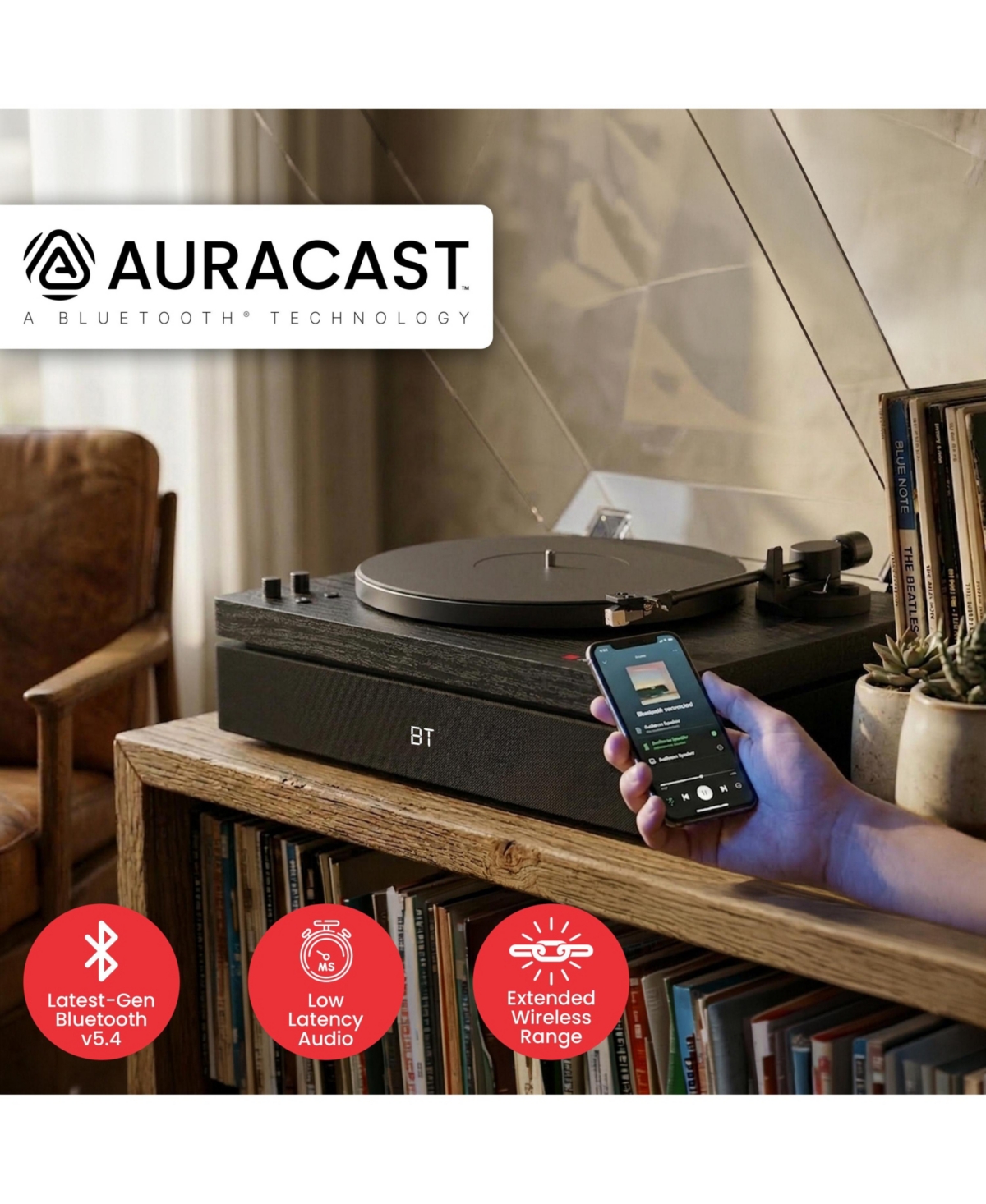 AudioSource All-in-One Vinyl Record Player Turntable, Bluetooth 5.4, 120W 2.1 Speakers & Subwoofer, Hi-Fi 2-Speed Belt Drive, Isolation System