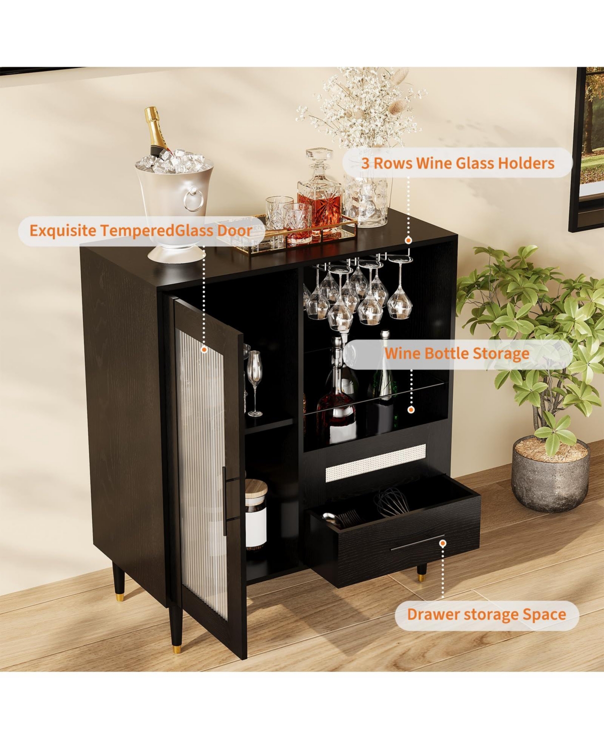 homfan Modern Bar Cabinet - Tempered Glass Door and Drawers, Storage Sideboard for Wine and Coffee in Kitchen or Living Room