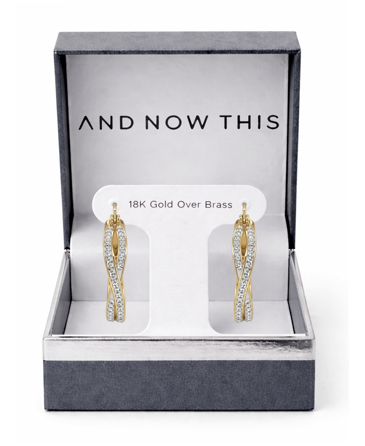And Now This Crystal Small Crossover Hoop Earrings, 0.95" Silver Plate or Gold