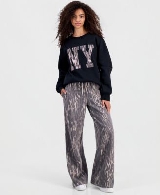 Juniors' New York Crewneck Sweatshirt & Leopard-Print Wide-Leg Sweatpants