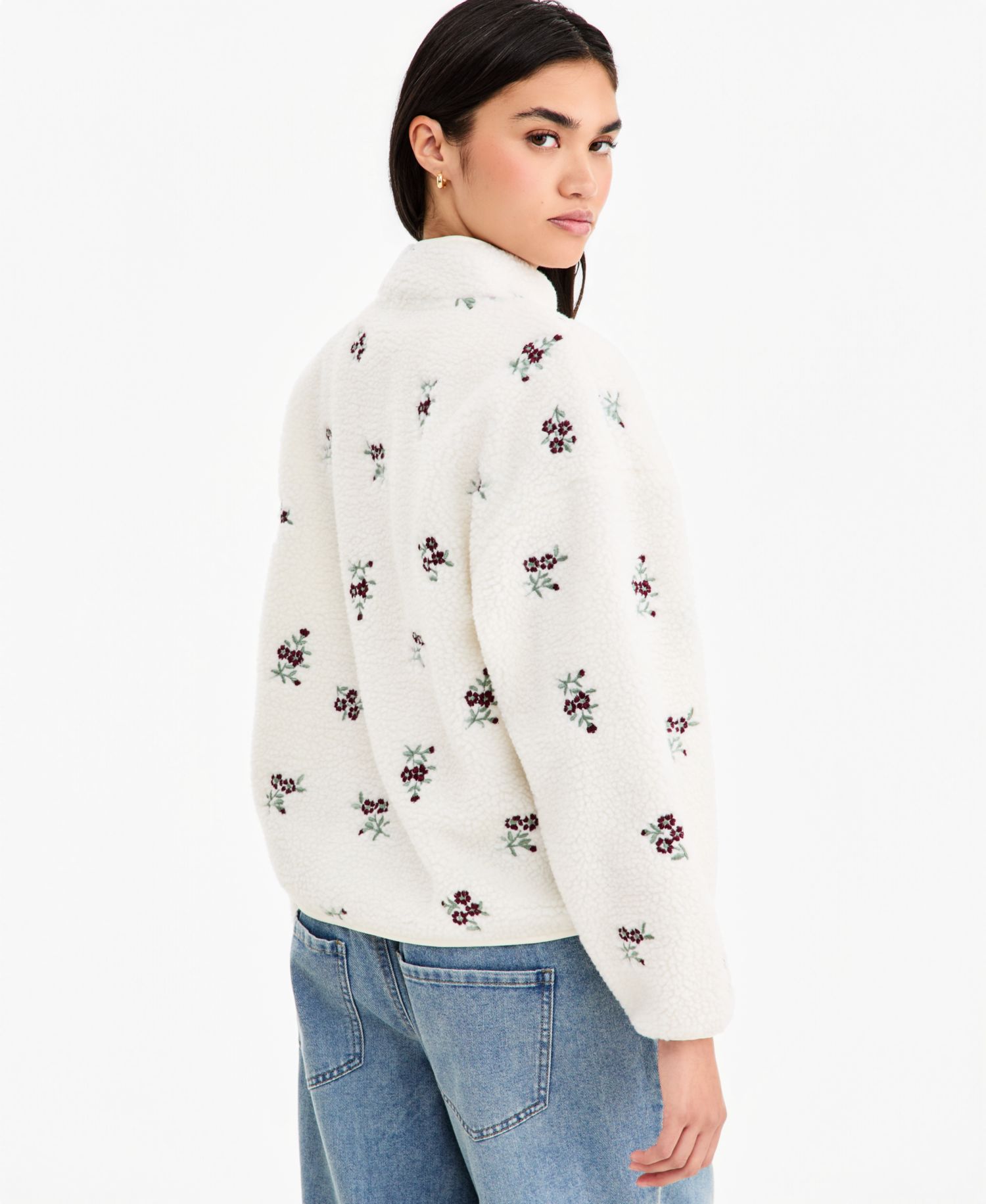 Juniors' Floral Embroidered Zip-Front Fleece Jacket