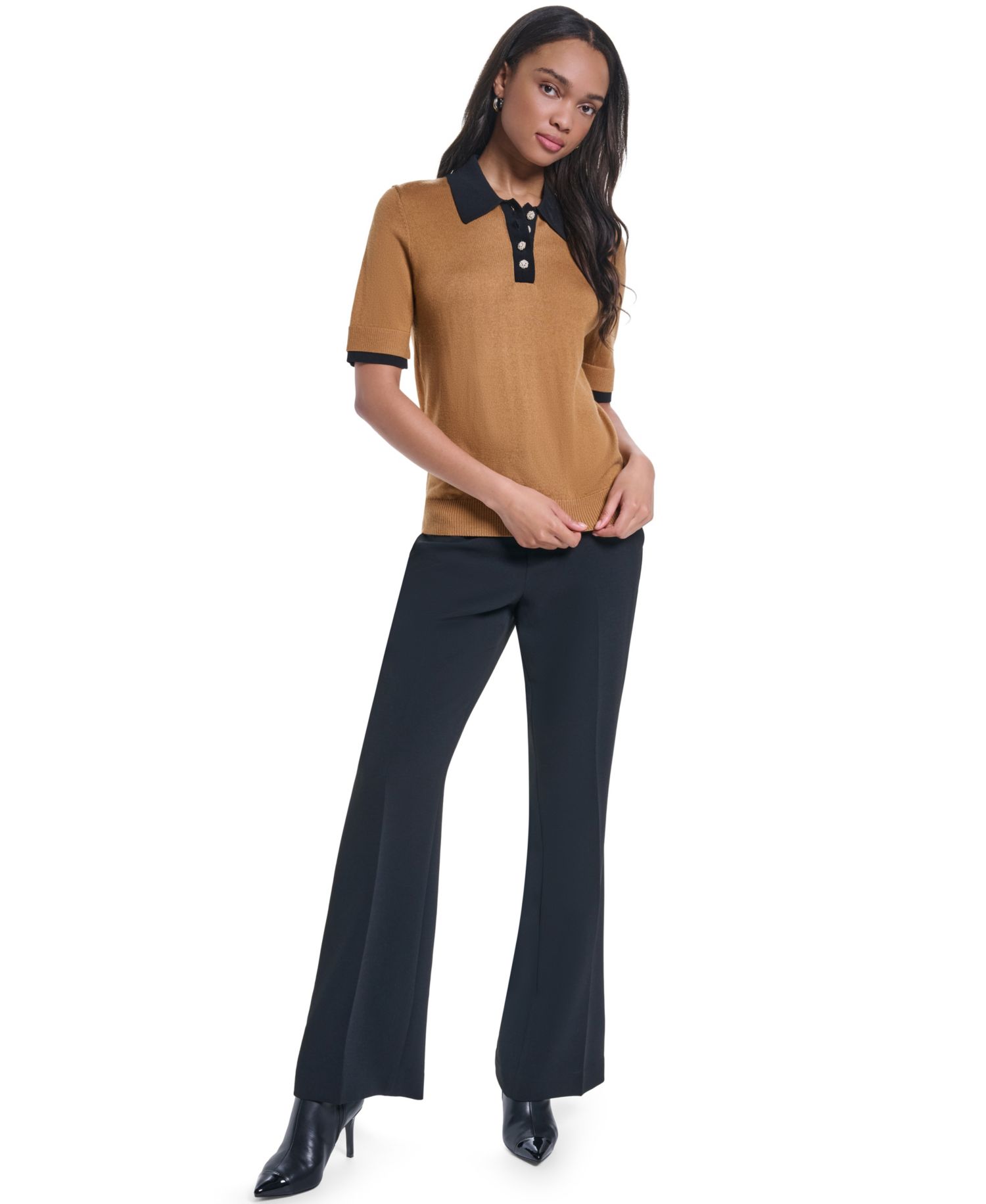 Petite Short-Sleeve Contrast Collar Sweater