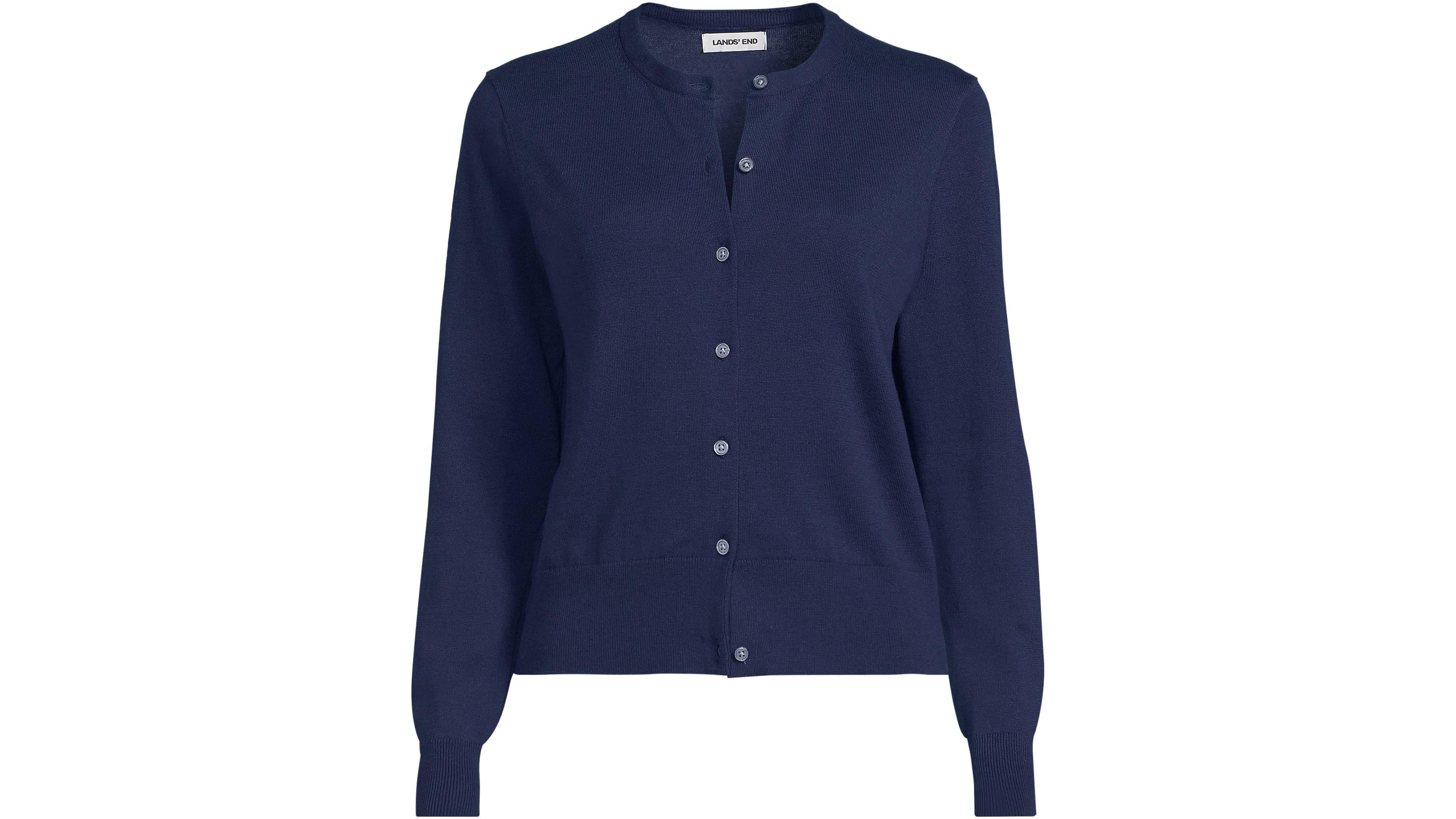 Lands' End Plus Fine Gauge Cotton Crew Cardigan Sweater