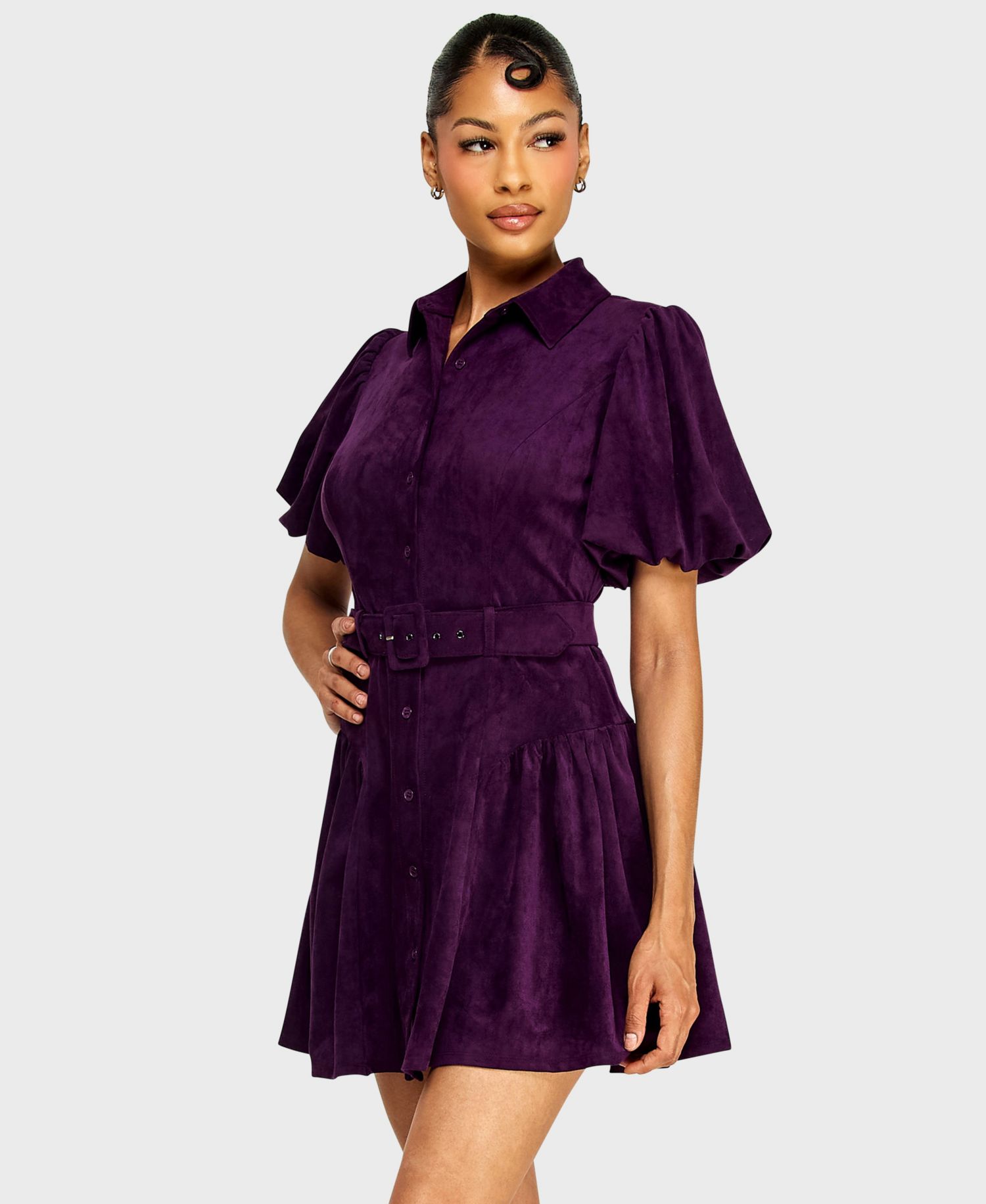 Juniors' Button-Front Suede Belted Mini Dress