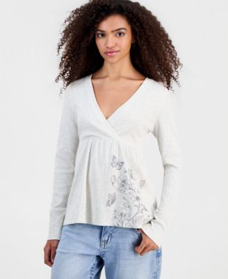 Juniors' Printed Long-Sleeve Babydoll Top