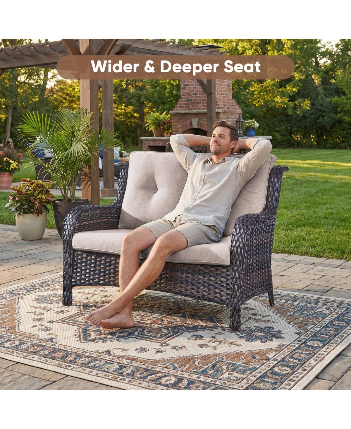 Pocassy Outdoor Wicker 2 Seater Sofa, All-Weather Patio Rattan Loveseat with Seat and Back Cushion, Ideal for Porch, Backyard, Balcony