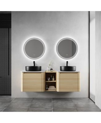 59 Inch Wall Mounted Double Bathroom Vanity with Stone Countertop, Ceramic Vessel Sinks, Storage Shelves for Modern Homes
