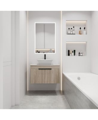 Wall Mounted Bathroom Vanity with Ceramic Vessel Sink, White Stone Top, Soft Close Doors, Modern Handle Design