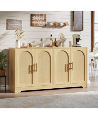 59 Inch Modern Rattan Credenza Console, 4-Door Sideboard Buffet with Fixed Shelf and Metal Handles for Coffee Bar and Multi-Room Use