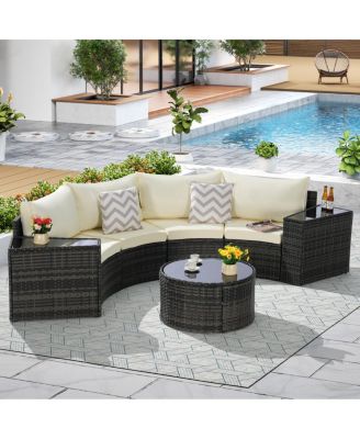 7-Piece Outdoor Half-Moon Sectional Patio Furniture Set with Glass Table-Asagikoiai