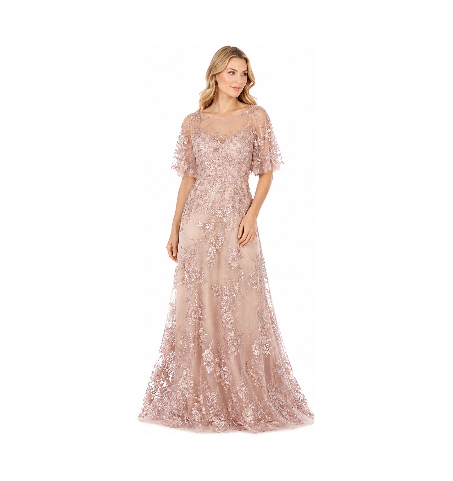 Женские платья Lara Long Bell Sleeve V-Neck Beaded Gown, цвет: Пудровый — фото 3