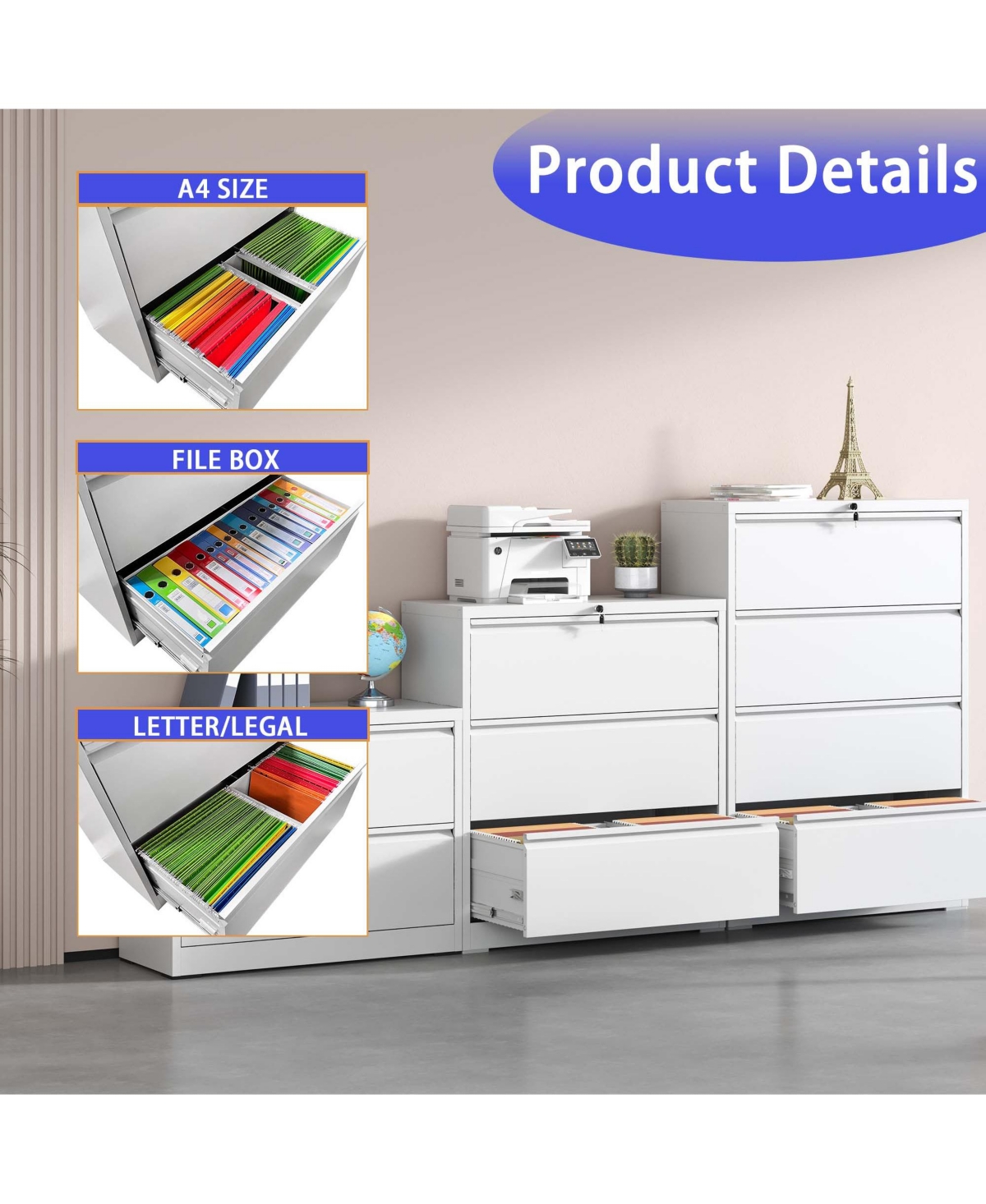 Boyel Living Lateral File Cabinet 3 Drawer, White Filing Cabinet with Lock, Lockable File Cabinet for Home Office