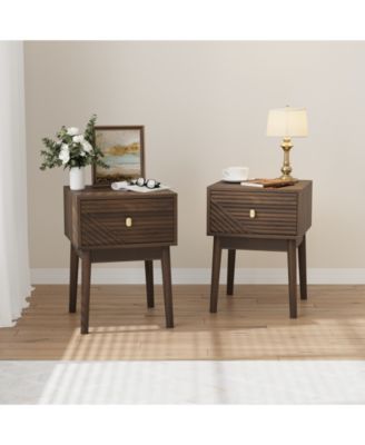 Medieval-Modern Walnut Bedside Table Set of 2, Nightstand with Recessed Design and Metal Handles for Bedroom, Living Room