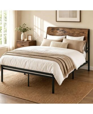 Metal Platform Bed Frame, Brown Heavy Duty Bed Frame with Ergonomic Headboard and Under Bed Storage for Bedroom