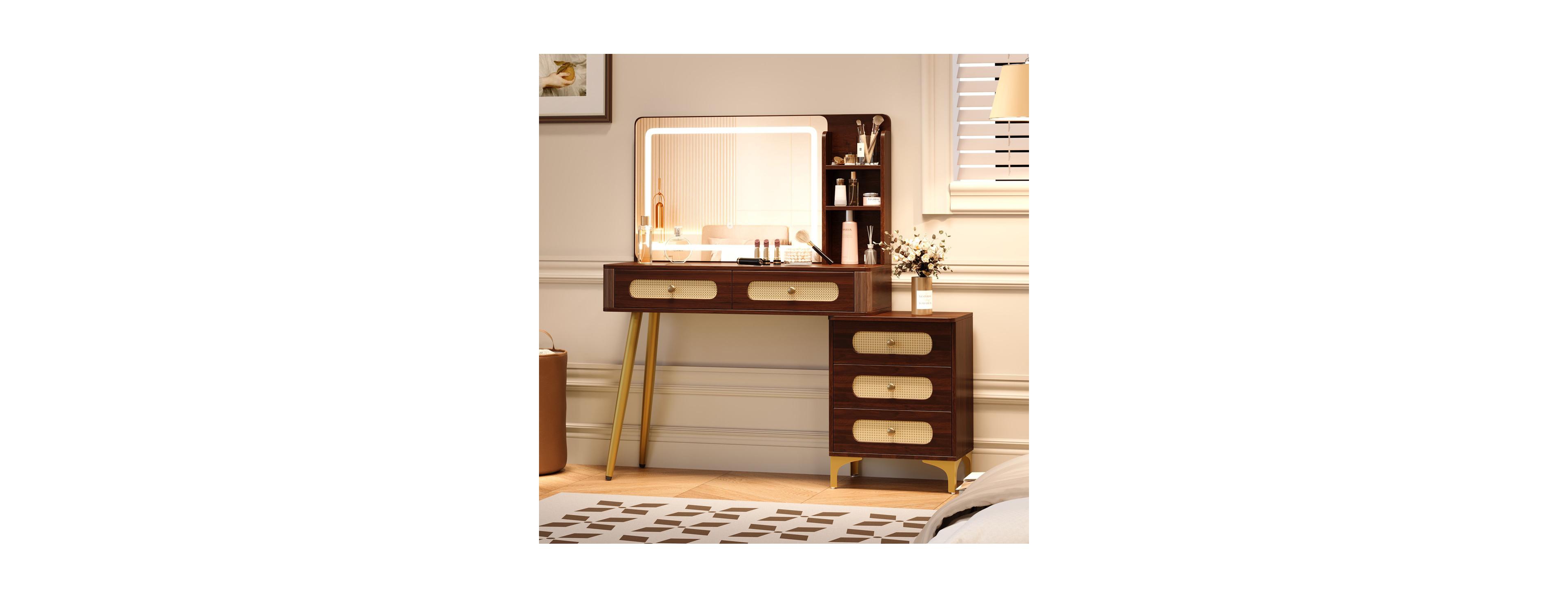 Streamdale Furniture 47'' Vintage Makeup Vanity with Mirror Lights and 5 Drawers