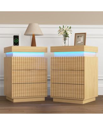 (Set of 2) LED End Table with USB-C Charging Station and 2 Drawers